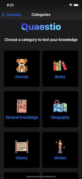 Quaestio Categories Screen